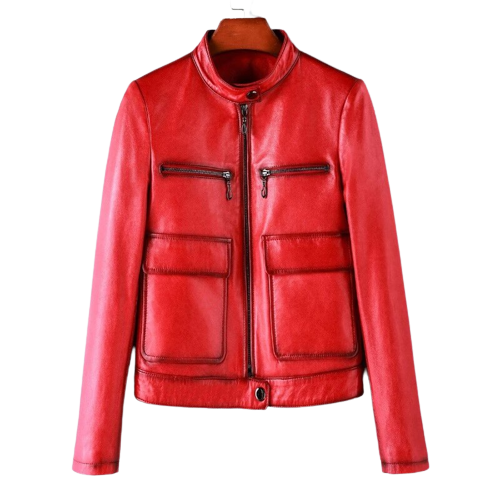 Mens Fashion Stand Collar Leather Jacket Slim Fit Pocket Short Coats  Motorcycle