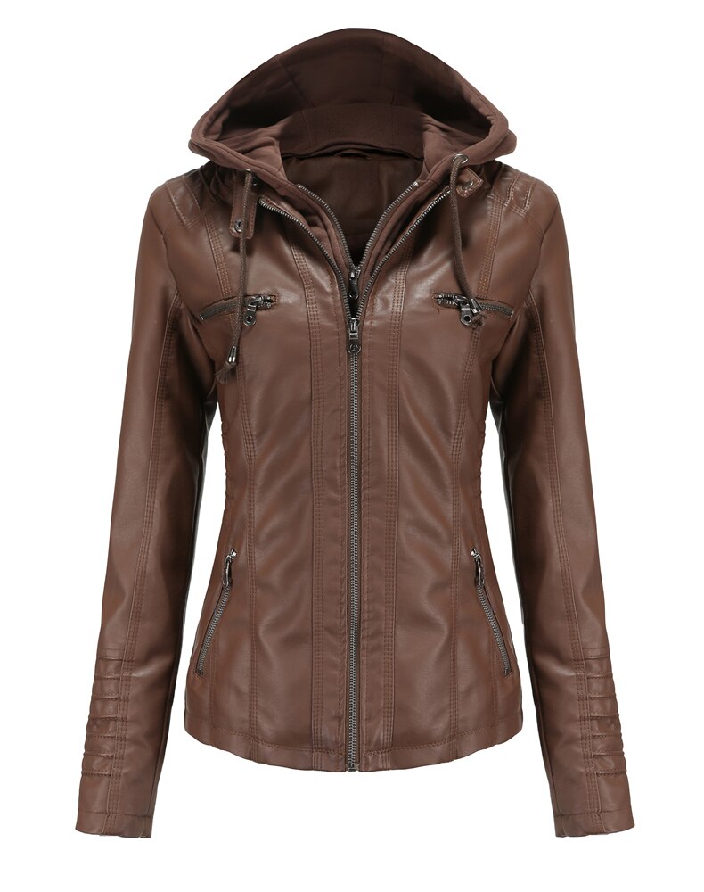 Womens Naomi Genuine Lambskin Leather Hooded Jacket with Removable Hoodie